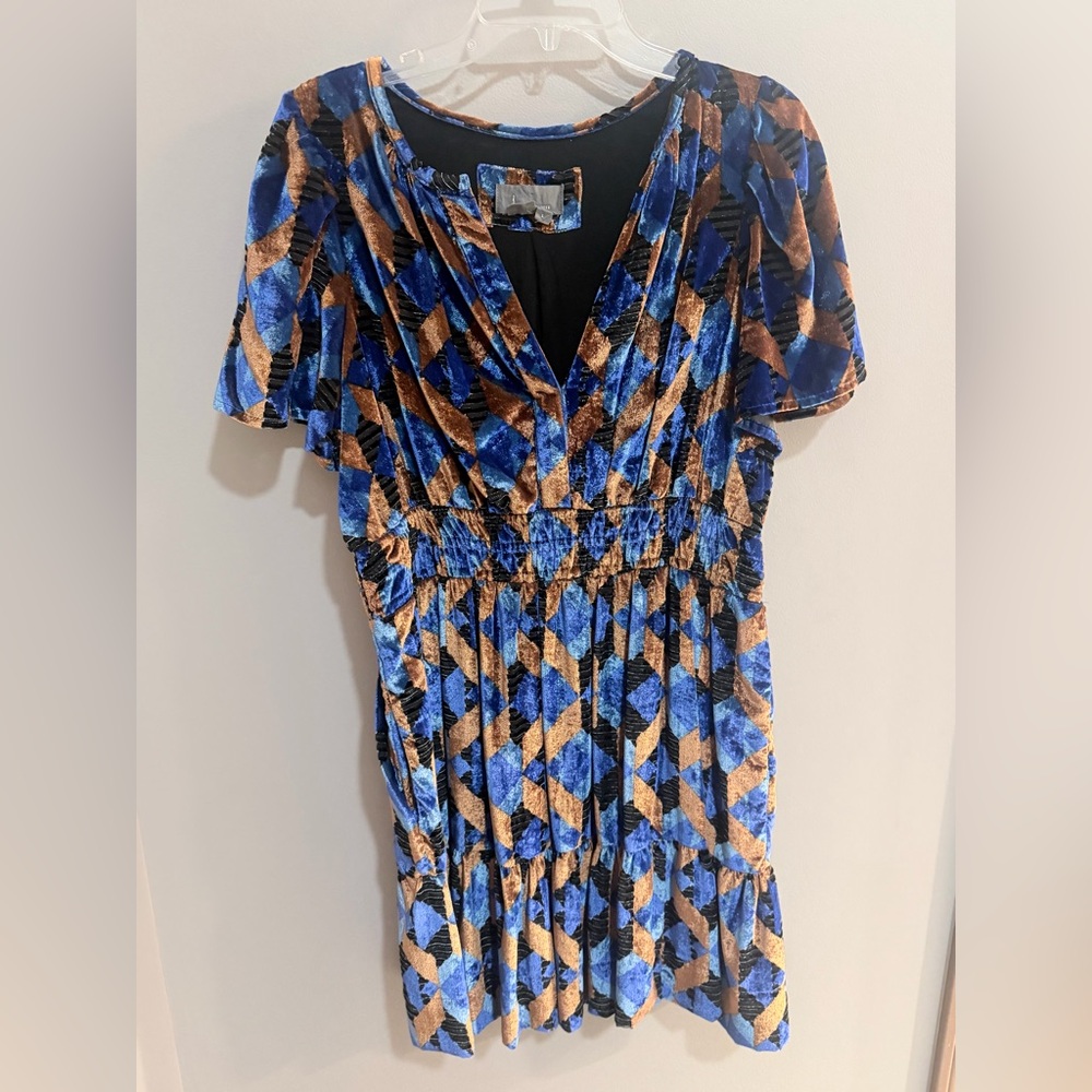 Anthropologie Blue and Brown Geometric Dress